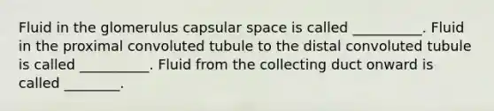 Fluid in the glomerulus capsular space is called __________. Fluid in the proximal convoluted tubule to the distal convoluted tubule is called __________. Fluid from the collecting duct onward is called ________.