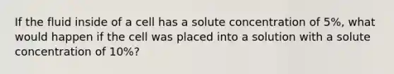 If the fluid inside of a cell has a solute concentration of 5%, what would happen if the cell was placed into a solution with a solute concentration of 10%?