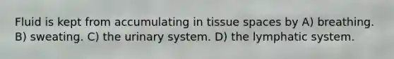 Fluid is kept from accumulating in tissue spaces by A) breathing. B) sweating. C) the urinary system. D) the lymphatic system.