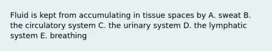 Fluid is kept from accumulating in tissue spaces by A. sweat B. the circulatory system C. the urinary system D. the lymphatic system E. breathing