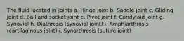 The fluid located in joints a. Hinge joint b. Saddle joint c. Gliding joint d. Ball and socket joint e. Pivot joint f. Condyloid joint g. Synovial h. Diathrosis (synovial joint) i. Amphiarthrosis (cartilaginous joint) j. Synarthrosis (suture joint)