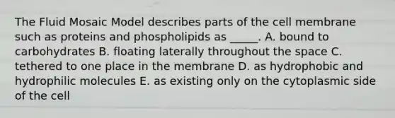 The Fluid Mosaic Model describes parts of the cell membrane such as proteins and phospholipids as _____. A. bound to carbohydrates B. floating laterally throughout the space C. tethered to one place in the membrane D. as hydrophobic and hydrophilic molecules E. as existing only on the cytoplasmic side of the cell