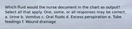 Which fluid would the nurse document in the chart as output? Select all that apply. One, some, or all responses may be correct. a. Urine b. Vomitus c. Oral fluids d. Excess perspiration e. Tube feedings f. Wound drainage