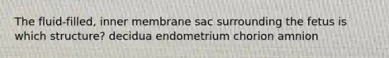 The fluid-filled, inner membrane sac surrounding the fetus is which structure? decidua endometrium chorion amnion