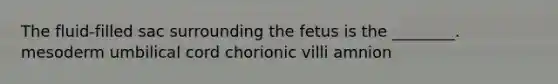 The fluid-filled sac surrounding the fetus is the ________. mesoderm umbilical cord chorionic villi amnion