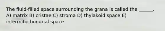 The fluid-filled space surrounding the grana is called the ______. A) matrix B) cristae C) stroma D) thylakoid space E) intermitochondrial space