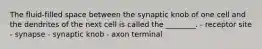 The fluid-filled space between the synaptic knob of one cell and the dendrites of the next cell is called the ________. - receptor site - synapse - synaptic knob - axon terminal