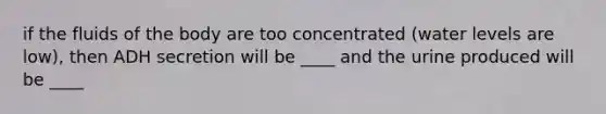 if the fluids of the body are too concentrated (water levels are low), then ADH secretion will be ____ and the urine produced will be ____