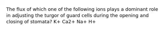 The flux of which one of the following ions plays a dominant role in adjusting the turgor of guard cells during the opening and closing of stomata? K+ Ca2+ Na+ H+