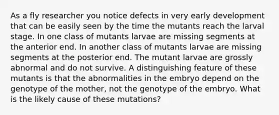 As a fly researcher you notice defects in very early development that can be easily seen by the time the mutants reach the larval stage. In one class of mutants larvae are missing segments at the anterior end. In another class of mutants larvae are missing segments at the posterior end. The mutant larvae are grossly abnormal and do not survive. A distinguishing feature of these mutants is that the abnormalities in the embryo depend on the genotype of the mother, not the genotype of the embryo. What is the likely cause of these mutations?