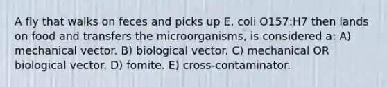 A fly that walks on feces and picks up E. coli O157:H7 then lands on food and transfers the microorganisms, is considered a: A) mechanical vector. B) biological vector. C) mechanical OR biological vector. D) fomite. E) cross-contaminator.