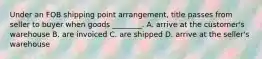 Under an FOB shipping point arrangement, title passes from seller to buyer when goods ________. A. arrive at the customer's warehouse B. are invoiced C. are shipped D. arrive at the seller's warehouse