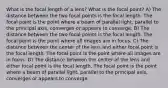 What is the focal length of a lens? What is the focal point? A) The distance between the two focal points is the focal length. The focal point is the point where a beam of parallel light, parallel to the principal axis, converges or appears to converge. B) The distance between the two focal points is the focal length. The focal point is the point where all images are in focus. C) The distance between the center of the lens and either focal point is the focal length. The focal point is the point where all images are in focus. D) The distance between the center of the lens and either focal point is the focal length. The focal point is the point where a beam of parallel light, parallel to the principal axis, converges or appears to converge.