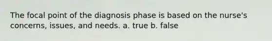 The focal point of the diagnosis phase is based on the nurse's concerns, issues, and needs. a. true b. false