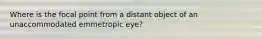 Where is the focal point from a distant object of an unaccommodated emmetropic eye?