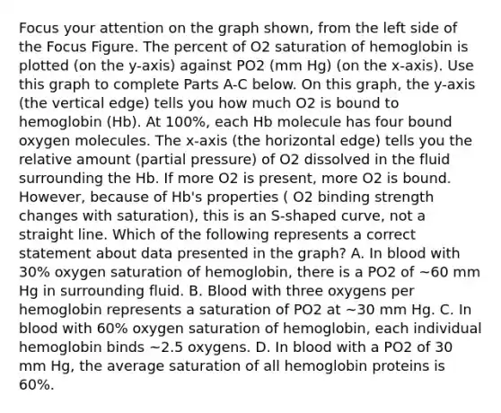 Focus your attention on the graph shown, from the left side of the Focus Figure. The percent of O2 saturation of hemoglobin is plotted (on the y-axis) against PO2 (mm Hg) (on the x-axis). Use this graph to complete Parts A-C below. On this graph, the y-axis (the vertical edge) tells you how much O2 is bound to hemoglobin (Hb). At 100%, each Hb molecule has four bound oxygen molecules. The x-axis (the horizontal edge) tells you the relative amount (partial pressure) of O2 dissolved in the fluid surrounding the Hb. If more O2 is present, more O2 is bound. However, because of Hb's properties ( O2 binding strength changes with saturation), this is an S-shaped curve, not a straight line. Which of the following represents a correct statement about data presented in the graph? A. In blood with 30% oxygen saturation of hemoglobin, there is a PO2 of ~60 mm Hg in surrounding fluid. B. Blood with three oxygens per hemoglobin represents a saturation of PO2 at ~30 mm Hg. C. In blood with 60% oxygen saturation of hemoglobin, each individual hemoglobin binds ~2.5 oxygens. D. In blood with a PO2 of 30 mm Hg, the average saturation of all hemoglobin proteins is 60%.