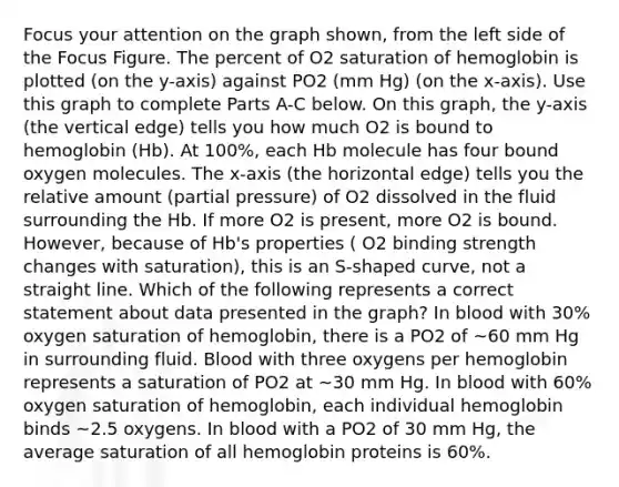 Focus your attention on the graph shown, from the left side of the Focus Figure. The percent of O2 saturation of hemoglobin is plotted (on the y-axis) against PO2 (mm Hg) (on the x-axis). Use this graph to complete Parts A-C below. On this graph, the y-axis (the vertical edge) tells you how much O2 is bound to hemoglobin (Hb). At 100%, each Hb molecule has four bound oxygen molecules. The x-axis (the horizontal edge) tells you the relative amount (partial pressure) of O2 dissolved in the fluid surrounding the Hb. If more O2 is present, more O2 is bound. However, because of Hb's properties ( O2 binding strength changes with saturation), this is an S-shaped curve, not a straight line. Which of the following represents a correct statement about data presented in the graph? In blood with 30% oxygen saturation of hemoglobin, there is a PO2 of ~60 mm Hg in surrounding fluid. Blood with three oxygens per hemoglobin represents a saturation of PO2 at ~30 mm Hg. In blood with 60% oxygen saturation of hemoglobin, each individual hemoglobin binds ~2.5 oxygens. In blood with a PO2 of 30 mm Hg, the average saturation of all hemoglobin proteins is 60%.