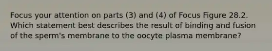 Focus your attention on parts (3) and (4) of Focus Figure 28.2. Which statement best describes the result of binding and fusion of the sperm's membrane to the oocyte plasma membrane?