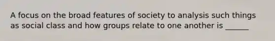 A focus on the broad features of society to analysis such things as social class and how groups relate to one another is ______