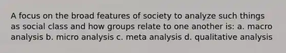 A focus on the broad features of society to analyze such things as social class and how groups relate to one another is: a. macro analysis b. micro analysis c. meta analysis d. qualitative analysis