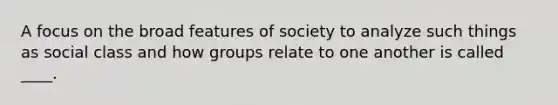 A focus on the broad features of society to analyze such things as social class and how groups relate to one another is called ____.