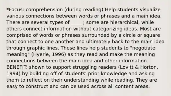 *Focus: comprehension (during reading) Help students visualize various connections between words or phrases and a main idea. There are several types of _____; some are hierarchical, while others connect information without categorizing ideas. Most are comprised of words or phrases surrounded by a circle or square that connect to one another and ultimately back to the main idea through graphic lines. These lines help students to "negotiate meaning" (Hyerle, 1996) as they read and make the meaning connections between the main idea and other information. BENEFIT: shown to support struggling readers (Lovitt & Horton, 1994) by building off of students' prior knowledge and asking them to reflect on their understanding while reading. They are easy to construct and can be used across all content areas.