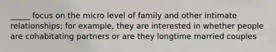 _____ focus on the micro level of family and other intimate relationships; for example, they are interested in whether people are cohabitating partners or are they longtime married couples