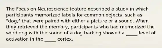 The Focus on Neuroscience feature described a study in which participants memorized labels for common objects, such as "dog," that were paired with either a picture or a sound. When they retrieved the memory, participants who had memorized the word dog with the sound of a dog barking showed a _____ level of activation in the _____ cortex.