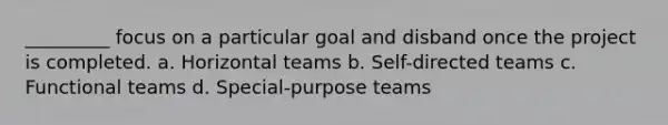 _________ focus on a particular goal and disband once the project is completed. a. Horizontal teams b. Self-directed teams c. Functional teams d. Special-purpose teams