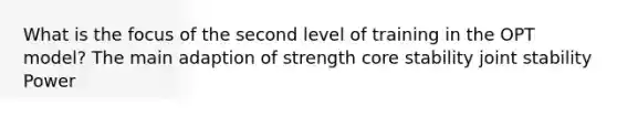 What is the focus of the second level of training in the OPT model? The main adaption of strength core stability joint stability Power