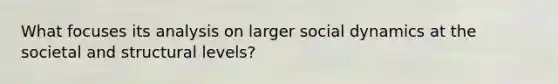 What focuses its analysis on larger social dynamics at the societal and structural levels?