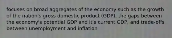 focuses on broad aggregates of the economy such as the growth of the nation's gross domestic product (GDP), the gaps between the economy's potential GDP and it's current GDP, and trade-offs between unemployment and inflation