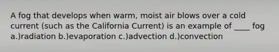 A fog that develops when warm, moist air blows over a cold current (such as the California Current) is an example of ____ fog a.)radiation b.)evaporation c.)advection d.)convection