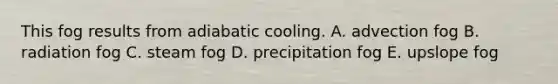 This fog results from adiabatic cooling. A. advection fog B. radiation fog C. steam fog D. precipitation fog E. upslope fog