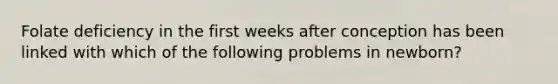 Folate deficiency in the first weeks after conception has been linked with which of the following problems in newborn?