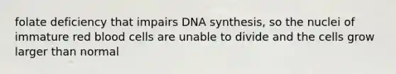 folate deficiency that impairs DNA synthesis, so the nuclei of immature red blood cells are unable to divide and the cells grow larger than normal