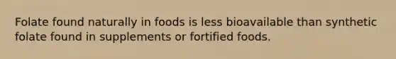 Folate found naturally in foods is less bioavailable than synthetic folate found in supplements or fortified foods.