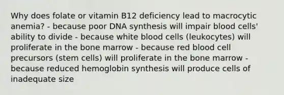 Why does folate or vitamin B12 deficiency lead to macrocytic anemia? - because poor DNA synthesis will impair blood cells' ability to divide - because white blood cells (leukocytes) will proliferate in the bone marrow - because red blood cell precursors (stem cells) will proliferate in the bone marrow - because reduced hemoglobin synthesis will produce cells of inadequate size