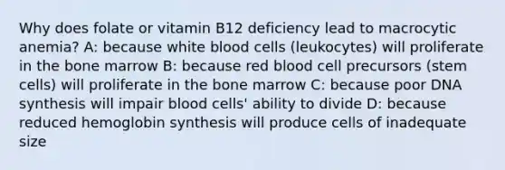 Why does folate or vitamin B12 deficiency lead to macrocytic anemia? A: because white blood cells (leukocytes) will proliferate in the bone marrow B: because red blood cell precursors (stem cells) will proliferate in the bone marrow C: because poor DNA synthesis will impair blood cells' ability to divide D: because reduced hemoglobin synthesis will produce cells of inadequate size