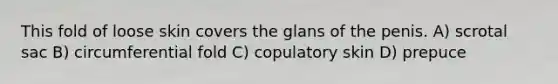 This fold of loose skin covers the glans of the penis. A) scrotal sac B) circumferential fold C) copulatory skin D) prepuce