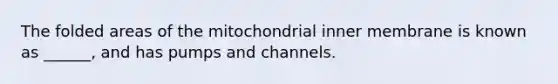 The folded areas of the mitochondrial inner membrane is known as ______, and has pumps and channels.