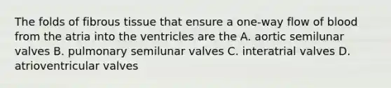 The folds of fibrous tissue that ensure a one-way flow of blood from the atria into the ventricles are the A. aortic semilunar valves B. pulmonary semilunar valves C. interatrial valves D. atrioventricular valves