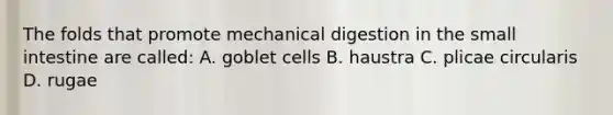 The folds that promote mechanical digestion in <a href='https://www.questionai.com/knowledge/kt623fh5xn-the-small-intestine' class='anchor-knowledge'>the small intestine</a> are called: A. goblet cells B. haustra C. plicae circularis D. rugae