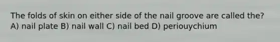 The folds of skin on either side of the nail groove are called the? A) nail plate B) nail wall C) nail bed D) periouychium