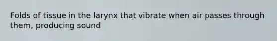 Folds of tissue in the larynx that vibrate when air passes through them, producing sound