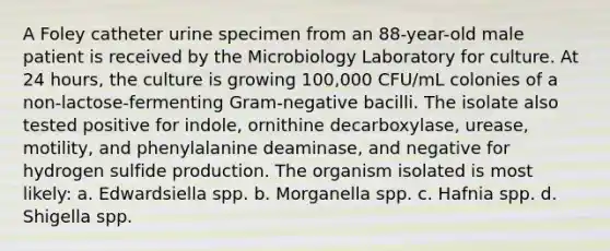 A Foley catheter urine specimen from an 88-year-old male patient is received by the Microbiology Laboratory for culture. At 24 hours, the culture is growing 100,000 CFU/mL colonies of a non-lactose-fermenting Gram-negative bacilli. The isolate also tested positive for indole, ornithine decarboxylase, urease, motility, and phenylalanine deaminase, and negative for hydrogen sulfide production. The organism isolated is most likely: a. Edwardsiella spp. b. Morganella spp. c. Hafnia spp. d. Shigella spp.