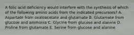 A folic acid deficiency would interfere with the synthesis of which of the following amino acids from the indicated precursors? A. Aspartate from oxaloacetate and glutamate B. Glutamate from glucose and ammonia C. Glycine from glucose and alanine D. Proline from glutamate E. Serine from glucose and alanine