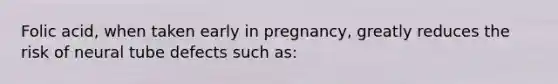 Folic acid, when taken early in pregnancy, greatly reduces the risk of neural tube defects such as: