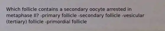 Which follicle contains a secondary oocyte arrested in metaphase II? -primary follicle -secondary follicle -vesicular (tertiary) follicle -primordial follicle