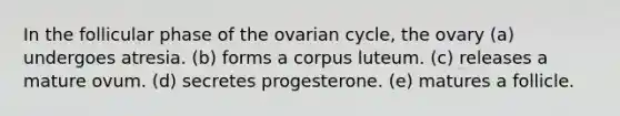 In the follicular phase of the ovarian cycle, the ovary (a) undergoes atresia. (b) forms a corpus luteum. (c) releases a mature ovum. (d) secretes progesterone. (e) matures a follicle.